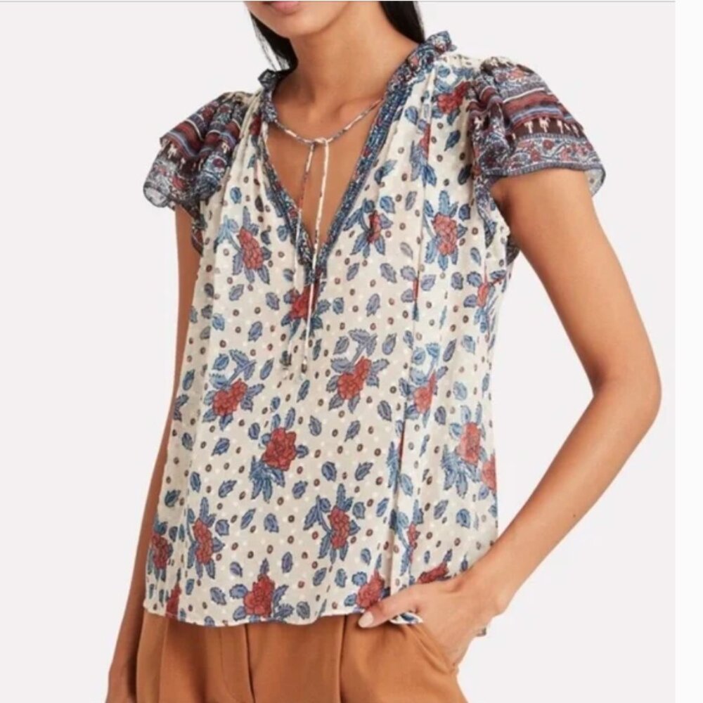 Ulla Johnson Elise flutter sleeve floral semi sheer silk blouse 0